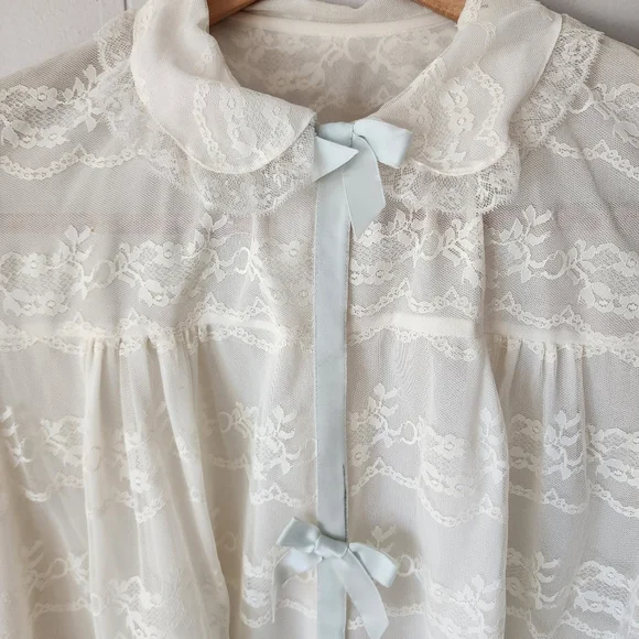 Vintage Odette Barsa Ivory Lace Peignoir Robe 1950s Sheer Blue Ribbon - Picture 3 of 15